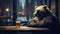 Portrait of a lonely brown bear sitting and drinking beer on a wooden table