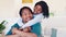 Portrait of love, mother and daughter on bed with smile, trust and morning bonding in home. Happy black family, mom and