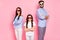 Portrait of lovely confident family with wavy hair look smile wear t-shirt plaid eyewear eyeglasses isolated over pink