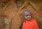 Portrait of a Maasai boy in traditional dress near the house.