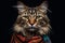 Portrait of Maine Coon cat wearing red scarf on black background