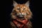 Portrait of Maine Coon cat wearing red scarf on black background