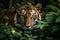 Portrait of a majestic Bengal Tiger surrounded by lush foliage, AI-generated.