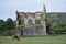 Portrait Of A Majestic Exemplary Camel Passing In Front Of A Broken Church In The Natural Park Of Cabarceno Old Mine For