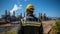 Portrait of a male engineer wearing a yellow helmet and looking at the oil refinery. Generative AI