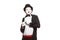 Portrait of a male mime artist performing,  on white background. Symbol of fright, fear, scared, horror movie