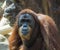 Portrait of male Sumatran orangutan, Pongo abelii sad looking, frot view. Sumatran orangutan is endemic to the north of