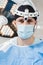 Portrait of male surgeon with headlight in the operating room before surgery. Concept of health care and medicine