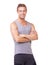 Portrait, man and arms crossed for exercise, studio and happy with training wellness in gym clothes. Person, pride and