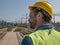 Portrait of a man with a beard and mustache in a helmet against the background of railway track.railway worker