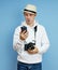 Portrait of a man blogger with a phone in his hand communicating on a smartphone, video call