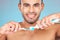 Portrait, man and brushing teeth with toothpaste, toothbrush and dental wellness for healthy lifestyle, cleaning or