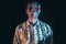 Portrait of man covered with laser lights. Learning AI model. Futuristic interaction of human and new technology. Scanning