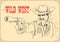 Portrait man in cowboy hat holding gun. Gunslinger wild west on old poster