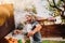 Portrait of man hand cooking barbeque and grilled meat barbecue party at backyard