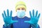 Portrait of a man in a medical mask with raised hands in protective gloves. clean hands and quarantine