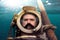 Portrait of man in old diving suit and helmet