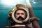 Portrait of man in old diving suit and helmet under water.