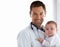 Portrait, man and pediatrician smile with baby on mockup of medical assessment, support and healthcare of children. Cute