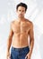 Portrait, man and shirtless with confidence with fashion mock up on white background in Greece. Male model, face and