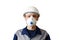 Portrait of a man in a white construction helmet, respirator and work clothes