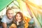 Portrait of Marriage couple meet morning in the green color tent. Smiling people concept photo