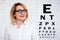 Portrait of mature woman in eyeglasses and eyevision test chart over white wall
