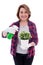 Portrait of mature woman gardener with potted plant and watering spray bottle isolated on white background