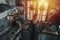 Portrait of mature woman in an old narrow cluttered kitchen at sunset