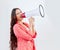 Portrait, megaphone or woman shouting an announcement, speech or sale on white background. Scream, attention or voice of