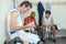 portrait men at basketball locker room