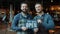 Portrait of men business partners holding we are open sign standing in modern cafe