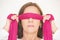 Portrait middle aged woman blindfolded