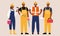 Portrait of migrant workers. black people construction team. labor group workers in dark skin cartoon character illustration. set