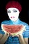 Portrait of the mime with a water-melon piece