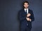 Portrait, mockup and a formal business man in studio on a blue background for corporate fashion on mock up space