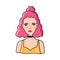 Portrait of modern hipster girl with pink hair vector flat illustration. Face of teenager female with bright makeup and