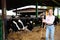 Portrait of modern young female farmer engaged in breeding of cows posing in cowshed