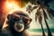 Portrait of Monkey in sunglasses at the resort. AI generated