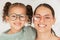 Portrait, mother and child with glasses for eye care wellness and healthy vision after an eye exam at the optometrist