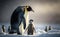 Portrait of the mother emperor penguin and her chick walking in snow, generative AI