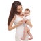 Portrait of mother and her little child in white. Happy family concept. Mother holding cute baby  on white background.