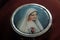 Portrait of Mother Virgin Mary on a cover of round metal rosary box. Pray rosary devotion concept. Catholic religion symbol.