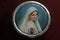 Portrait of Mother Virgin Mary on a cover of round metal rosary box. Pray rosary devotion concept. Catholic religion symbol.