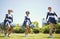 Portrait, motivation and a cheerleader group of women outdoor for a training routine or sports event. Smile, teamwork