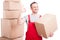 Portrait of mover guy holding box showing okay gesture