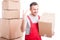 Portrait of mover guy holding box showing two gesture