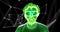 Portrait of moving green neon outline of man\'s head in glasses in black space. Concept of a futuristic dance