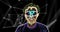 Portrait of a moving neon outline of a man\'s head in glasses in black space. The concept of a futuristic dance