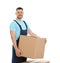 Portrait of moving service employee with cardboard box